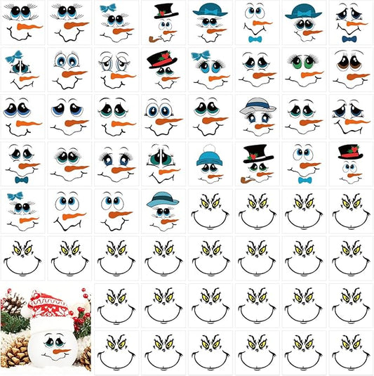 60 Pcs Christmas Face Stickers for Crafts Small 2 inch Vinyl Rub on Transfers UV Snowman Faces Pitcher Decals for Ornaments Glass Drinking Cups Wood Bowl Decorations Balls Party Supplies (snow60)