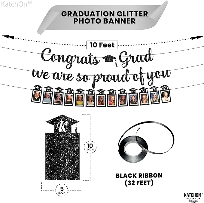 KatchOn, Glitter Black Congrats Graduation Banner - Large, No DIY, 10 Feet | We are So Proud of You Banner | K-12 Grad Photo Banner for Graduation Decorations 2025 | Grad Decorations Class of 2025