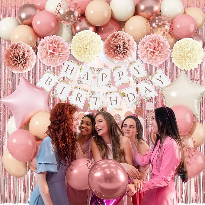Pink Birthday Decorations for Women, Boho Dusty Pink Rose Gold Blush Beige Latex Balloons Happy Birthday Banner Foil Fringe Curtain Tissue Paper Pompom for Woman Girls Party Decoration Supplies