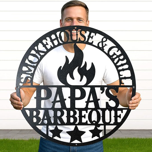Custom BBQ Grill Metal Sign Personalized Name Wall Art for Outdoor Barbecue Patio Kitchen Backyard Decor Gift for Dad Husband Men Papa Grandpa Father Grilling Enthusiasts Family Lover Funny Gifts 01