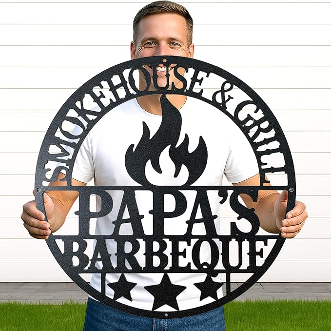 Custom BBQ Metal Sign Personalized Grill Name Wall Art for Outdoor Kitchen Patio Backyard Decor Fathers Gift for Dad Grandpa Husband Barbecue Smoker Area Sign, Grilling Lover Gifts 01