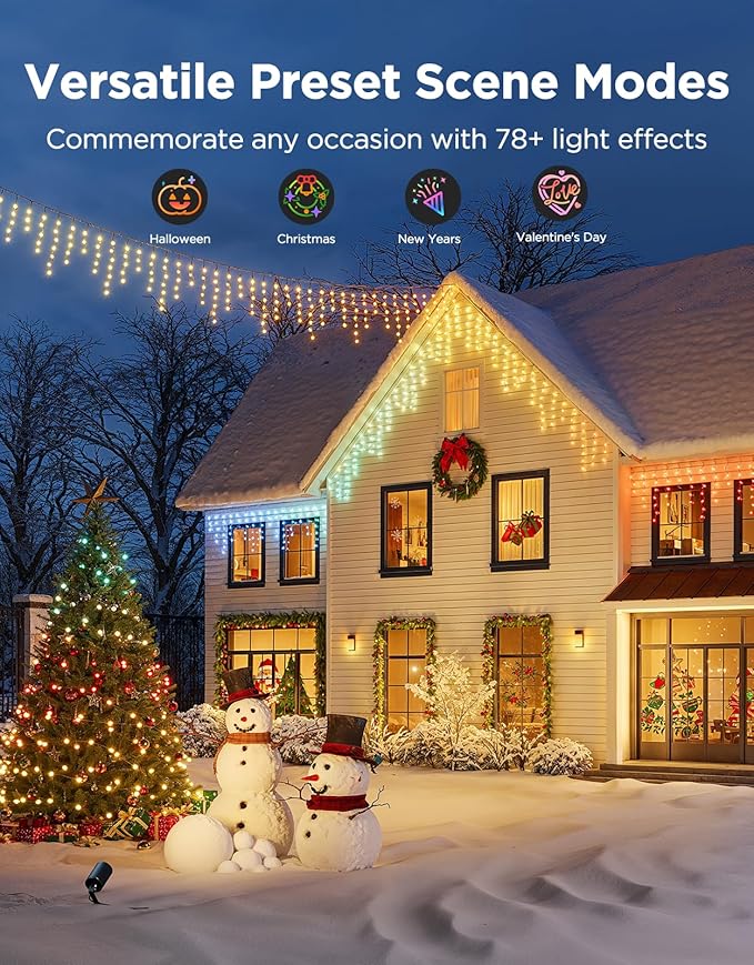 Govee Icicle Lights, Smart RGBIC Christmas Lights for Outside, 33ft with 400 LEDs Icicle Light Outdoor, IP67 Waterproof, Music Sync, Voice Control, 78+ Scene Modes for Halloween Decor