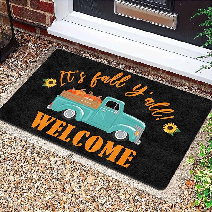 InterestPrint Fall Welcome Door Mat, Fall Truck Harvest Pumpkin Doormat for Front Door Outdoor Outside Entrance Porch Non Slip Rubber Rug Autumn Halloween Thanksgiving Farmhouse Decor