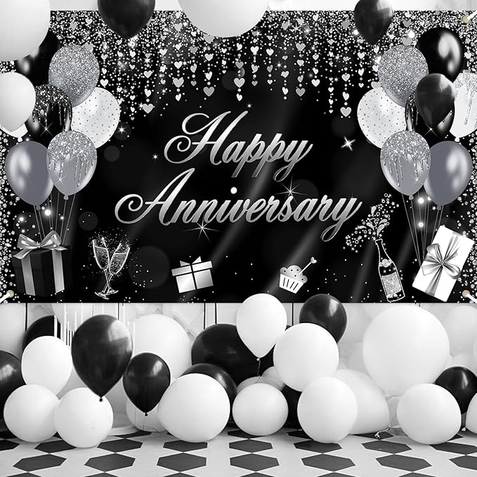 Avezano Happy Anniversary Banner Glitter Happy Anniversary Decorations for Wedding Bridal Shower Party Decorations 70.8 x 43.3 Inch (Black and Silver)