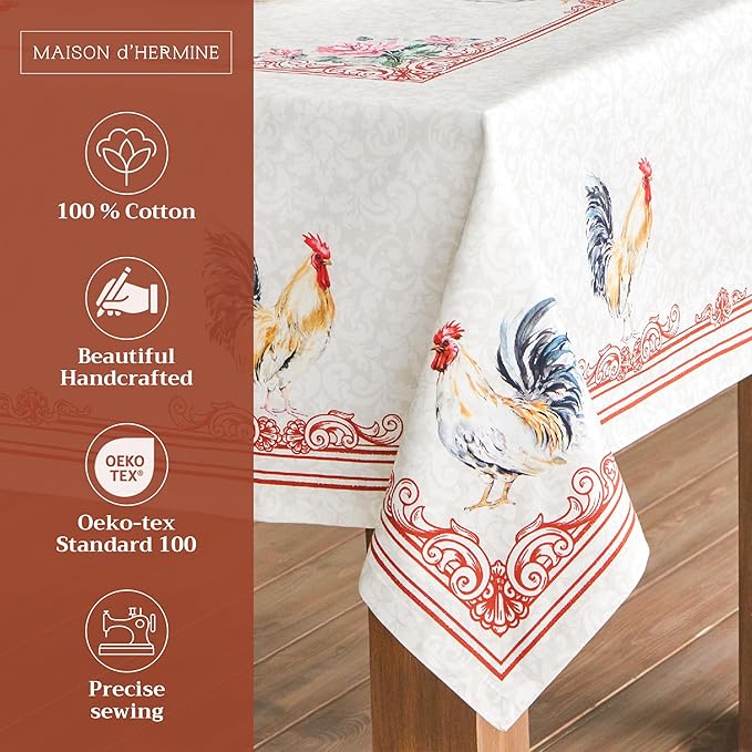 Maison d' Hermine Table Cloth Rectangle Table 100% Cotton 70 x 90 Inches Tablecloth Reusable Decorative Everyday Use for Dining Room, Farmhouse, Home, Party, Festive & Wedding Spring Summer - Campagne