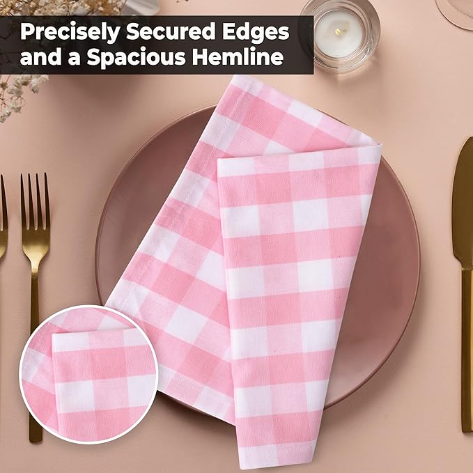 Urban Villa Cloth Napkins 100% Cotton Dinner Napkins Highly Absorbent 20x20 Inches (Set of 12) Pink White Buffalo Checks Reusable Washable Soft Durable Premium Napkins Ideal for Home Wedding Parties