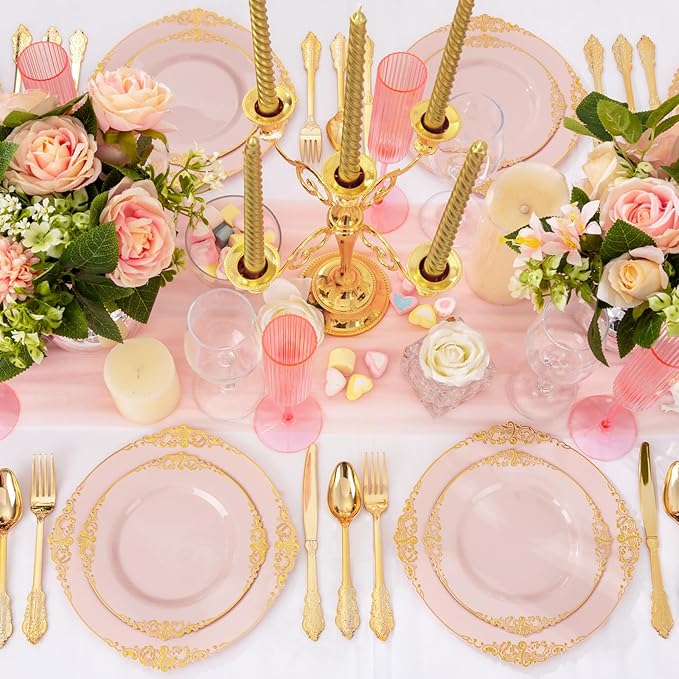 125PCS Pink and Gold Plastic Plates - Pink Disposable Plates - Vintage Plate with Gold Plastic Silverware Set for 25 Guests for Weddings Parties