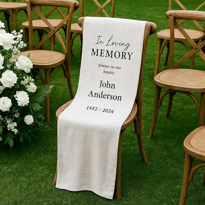 Personalized Reserved Wedding Chair Sign Banner, Custom In Loving Memory Chair Sign for Wedding Ceremony Decoration, Reserved Cotton Seat Sign to Save a Seat for Loved One in Heaven