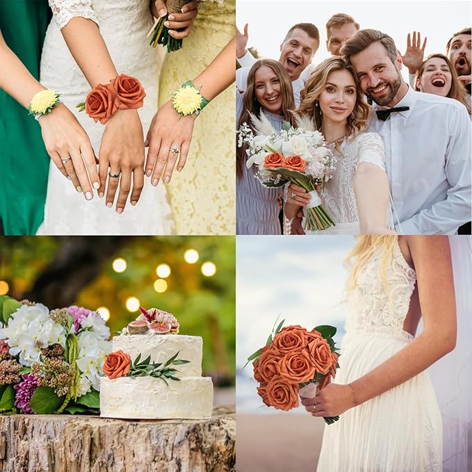 JOYLEX Artificial Flowers Realistic Roses, Real Looking Fake Roses with Stem for DIY Wedding Bouquets Centerpieces Bridal Shower Party Home Romantic Decorations (Burnt Orange, Regular 3" - 200pcs)