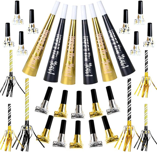 100pcs New Years Eve Party Supplies 2026 Black, Gold & Silver Party Blowers, New Years Decorations Noisemakers for Kids & Adults Nye Decorations