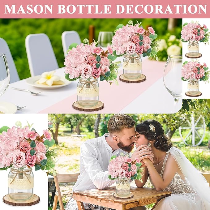 Set 10 Mason Jar Table Centerpiece - Wedding Centerpieces for Tables, Mason Jar Flower Centerpiece Vases Decor- Boho Farmhouse Rustic for Engagement, Bridal Shower, Wedding, Versatile Decor (Pink)