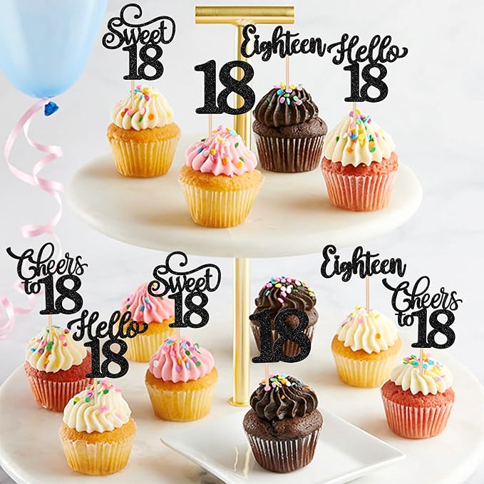 30PCS Happy 18th Birthday Cupcake Toppers Glitter Eighten Sweet 18 Hello 18 Cupcake Picks Cheers to 18 Birthday Decorations for 18th Birthday Anniversary Party Cake Decoration Supplies Black