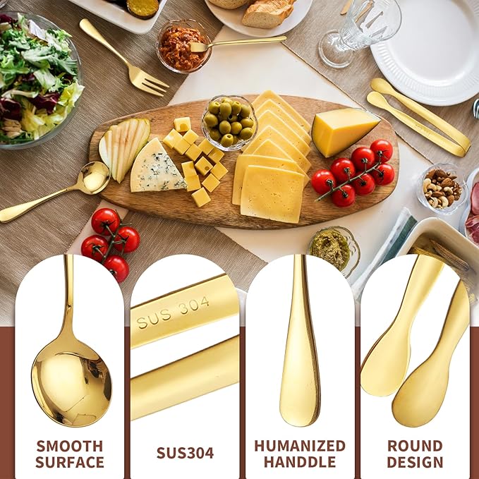 Gold Charcuterie Boards Accessories(26 PCS), Gift Box Packaging, With Ceramic Dip Bowls, Wooden Handle Cheese Spreader Butter Knive Set, Mini Tongs, Spoons, Forks,Honey Dipper, Cocktail Picks