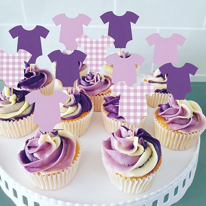 Purple Bodysuit Cupcake Topper - Baby Shower Decoration Purple Gingham Cake Topper,Baby Shower Bunting (purple-topper)