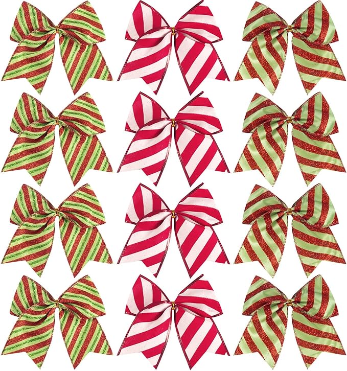 SIMISI RIBBON Christmas Tree Bows Wreaths Graland Xmas Party Decorations Red Green Stripe Ornaments (6 * 6 Inches, 12 Pcs)