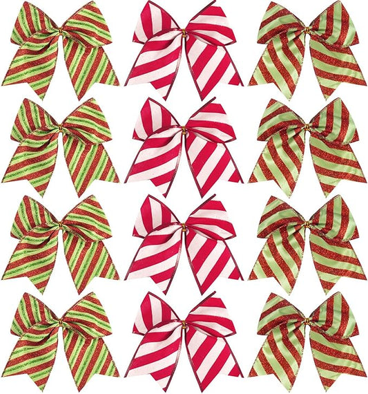 SIMISI RIBBON Christmas Tree Bows Wreaths Graland Xmas Party Decorations Red Green Stripe Ornaments (6 * 6 Inches, 12 Pcs)