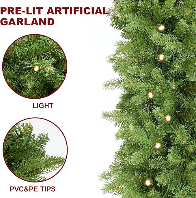 9FT Pre-Lit Artificial Christmas Garland with 50 White Light, Pulg in, Holiday Decorations Garland, Mantle for Indoor Holiday Door Home Decorations Stairs Fireplaces Wall