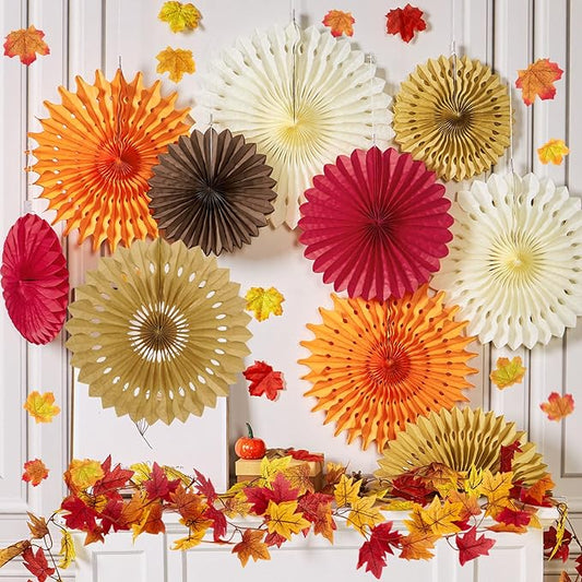 Fall Party Decorations, Fall Hanging Paper Fans, 100 Pcs Artificial Maple Leaves, Fall Leaves Garland, Fall Hanging Decorations, Pumpkin Orange Colors for Thanksgiving, Harvest Home Decor