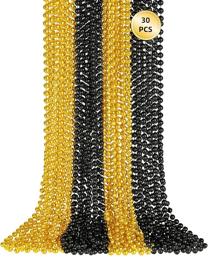30 PCS Gold Black New Year Necklaces, 33 Inch New Year Eve Necklaces Round Happy New Year Necklace Accessories, 2026 New Year Party Beads for New Year's Day, Christmas, Carnival Party Favors