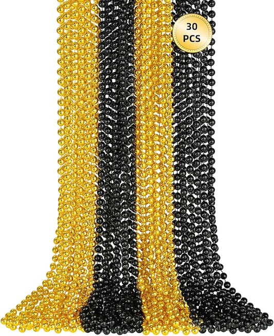 30 PCS Gold Black New Year Necklaces, 33 Inch New Year Eve Necklaces Round Happy New Year Necklace Accessories, 2026 New Year Party Beads for New Year's Day, Christmas, Carnival Party Favors