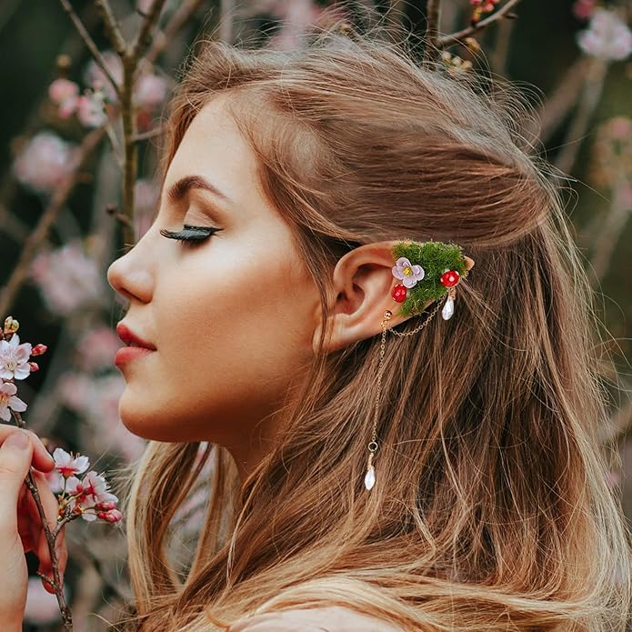 FRESHME Forest Mushroom Elf Ears, Soft Fairy Ears with Mushroom Moss and Flower Elven Ear Cuffs Halloween Renaissance Cosplay
