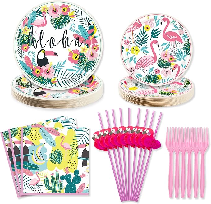 Hawaiian Luau Party Decorations Plates and Napkins Set - Flamingo Party Plates Napkins with Straws Forks Disposable Dinnerware Set for Hawaiian Luau Aloha Tropical Birthday Party Supplies , Serve 25