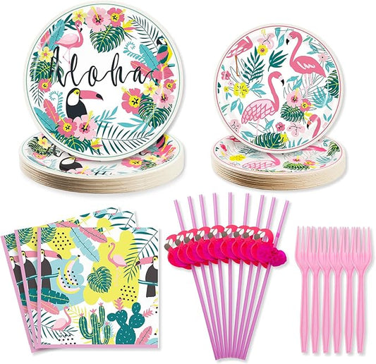 Hawaiian Luau Party Decorations Plates and Napkins Set - Flamingo Party Plates Napkins with Straws Forks Disposable Dinnerware Set for Hawaiian Luau Aloha Tropical Birthday Party Supplies , Serve 25
