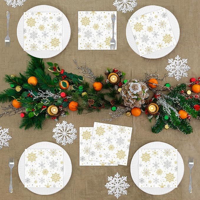 Christmas Snowflake Paper Napkins, Party Napkins 80 Pieces White Disposable Dinner Paper Napkins for Xmas Party Table Decorations