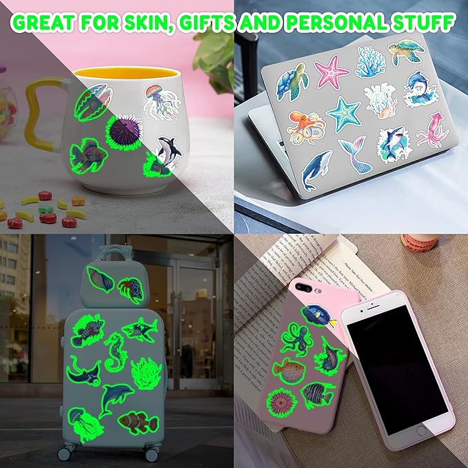 96 PCS Ocean Sea Animal Shark Whale Fish Pre-Cut Luminous Glow in the dark Temporary Tattoos for Kids | Super Cute Themed Birthday Party Favors Supplies Decorations, Fake Tattoos Gifts for Boys Girls