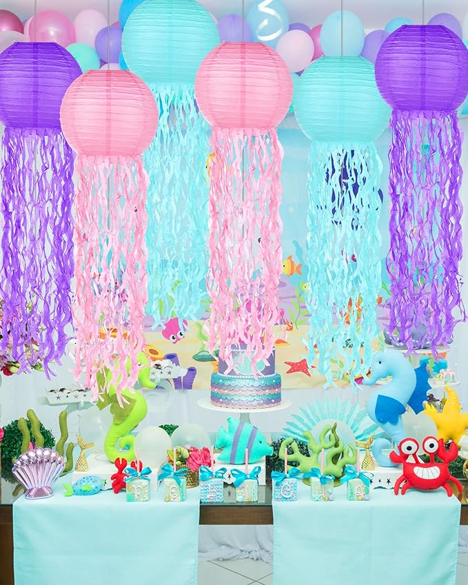 18 Pcs Jellyfish Paper Lanterns Jellyfish Lantern Hanging Decoration Ocean Theme Party Supplies Mermaid Birthday Decorations for Baby Shower Under The Sea Birthday Party Supplies(Vintage Color)