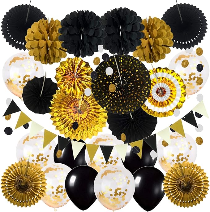 ZERODECO Black and Gold Party Decorations, Confetti Balloons Decorative Folding Fans Paper Pompoms Triangle Bunting Flags Garlands for Graduation Wedding Birthday Photo Backdrop Party Decorations