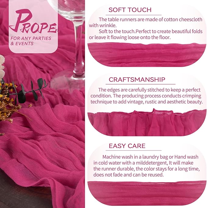 10 Packs Cheesecloth Table Runner Hot Pink, 10Ft x 35" Rose Red Rustic Gauze Boho Wedding Table Runner Decoration, Wedding Table Decor Table Cloth for Wedding Party Bridal Shower Table