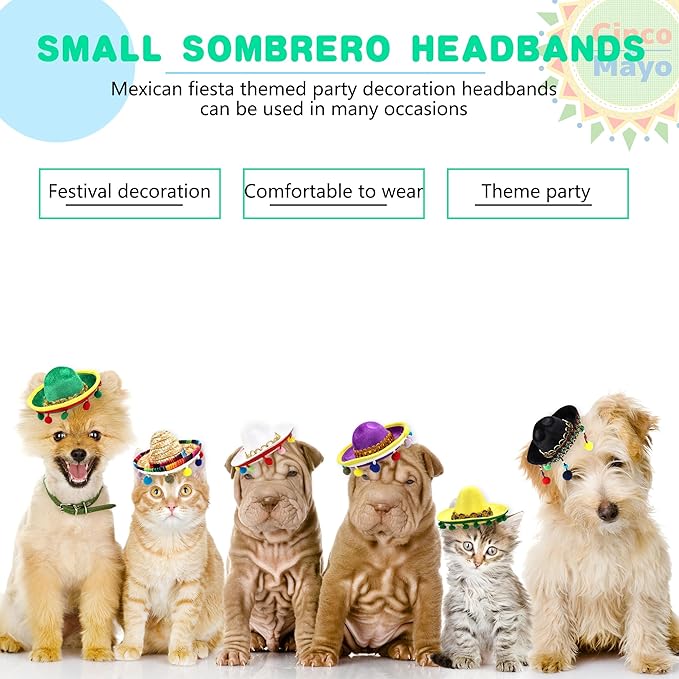 8 Pack Cinco De Mayo Fiesta Fabric and Straw Sombrero Headbands Sombrero Party Hats Cinco De Mayo Fiesta Sombrero Headband for Mexican Theme Party Decorations