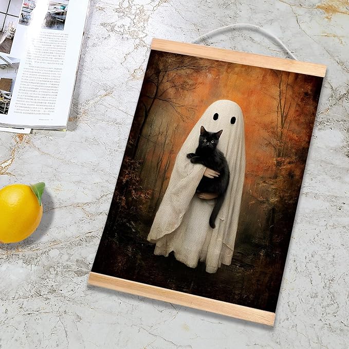 Rustic Ghost and Black Cat Wall Art 18.5x14 Inch,Fun Ghost Linen Canvas Wall Hanging Poster Decor, Retro Gothic Haunted House Theme Wall Poster for Library Reading Corner,Halloween Decorations (BLK05)