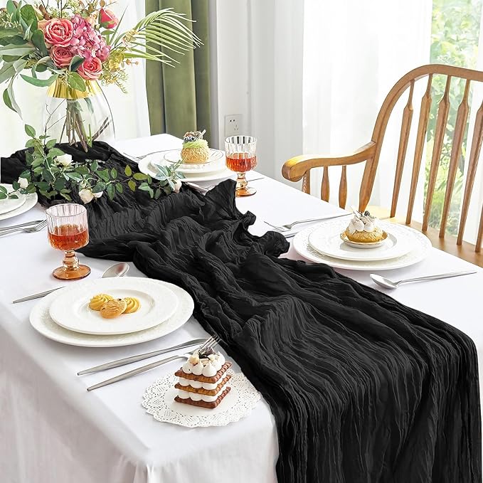 IVAPUPU 2 Pcs Cheesecloth Halloween Table Runner - 10ft Black Boho Gauze Black Cheese Cloth Table Runners for Halloween Decor Indoor Baby Shower Decoration Wedding Party Summer Garden Farmhouse