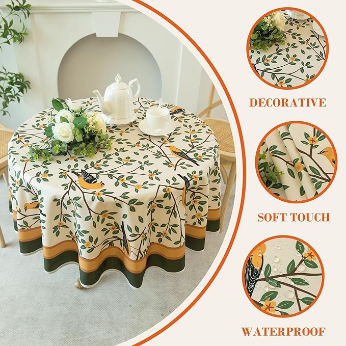 French Tablecloth Waterproof, Kumquat and Oriole Vintage Style Print – Stain Resistant, Washable Fabric Table Cover for Dining, Kitchen, Party, Vibrant Nature-Inspired Home Decor, 60" Round
