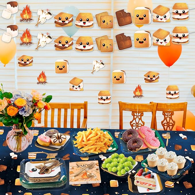 S’Mores Camping Party Decoration - Serves 24 - 112Pcs - S’More Love Fun Party Supplies, Campfire Disposable Plate Napkin Forks Tablecloth Banner Card, for Kid Camper Birthday Baby Shower
