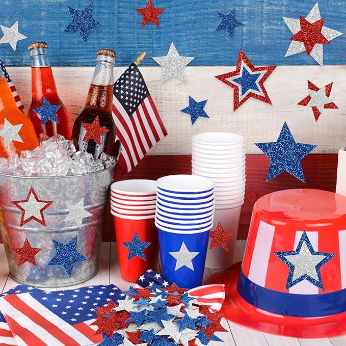 320Pcs Patriotic Foam Stars Stickers, 4th of July Foam Star Shaped Stickers Glitter Star Sticker Red White and Blue Stars Sticker for Home Office School Classroom DIY Art Craft Party Supplies