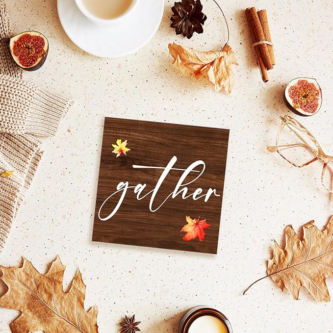 Funny Autumn Wood Box Sign Gather Wooden Block Desk Decor for Home Office Kitchen Cubicle Table Shelf Tabletop,Farmhouse Fall Sign Decor
