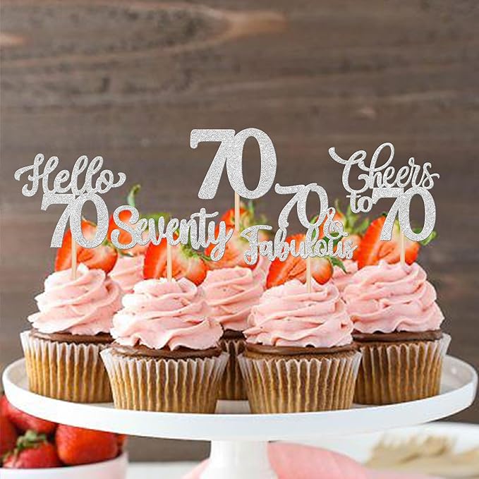 30PCS Happy 70th Birthday Cupcake Toppers Glitter Hello 70 Fabulous Seventy Cheers to 70 Years Old Birthday Cupcake Picks for Happy 70th Birthday Anniversary Party Cake Decorations Supplies Silver