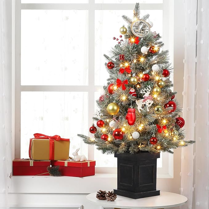 3 ft Prelit Premium Snow Flocked Artificial Christmas Tree with 8 Mode Warm White Led, Mini Prelit Xmas Pine Tree for Christmas Decoration,Yard,Home,Office,Outdoor,Indoor 2PCS