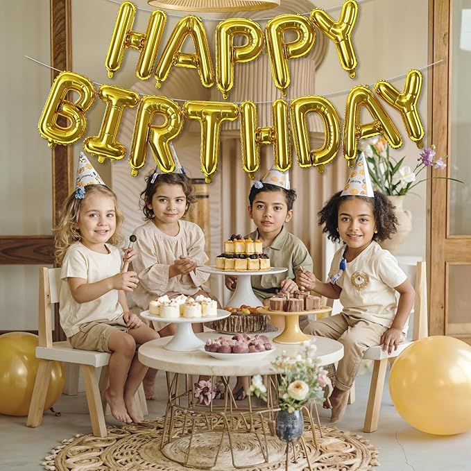 Gold Happy Birthday Mylar Foil Balloon Banner, 16 Inch Letter Balloons Bunting for Women, Men, Girls, Boys Birthday Party Decorations