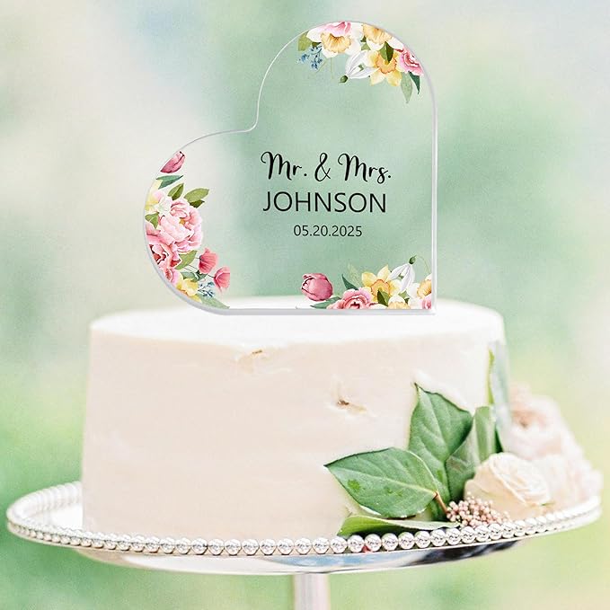 Custom Wedding Heart Acrylic Plaque,Mr & Mrs Cake Topper,Personalized Wedding Keepsake/Gift/Sign (Style 3)