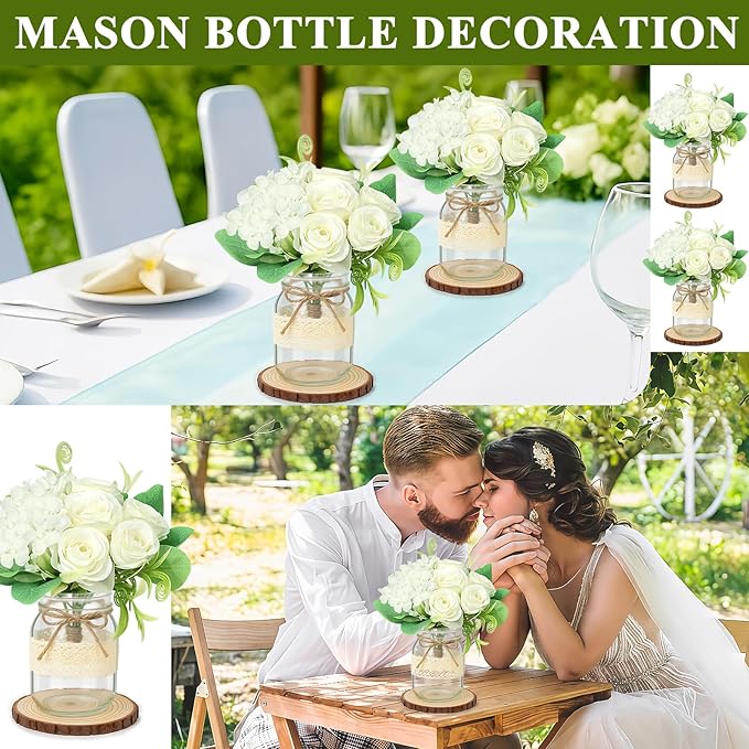 Set 6 Mason Jar Table Centerpiece - Wedding Centerpieces for Tables, Mason Jar Flower Centerpiece Vases Decor- Boho Farmhouse Rustic for Engagement, Bridal Shower, Wedding, Versatile Decor (White)