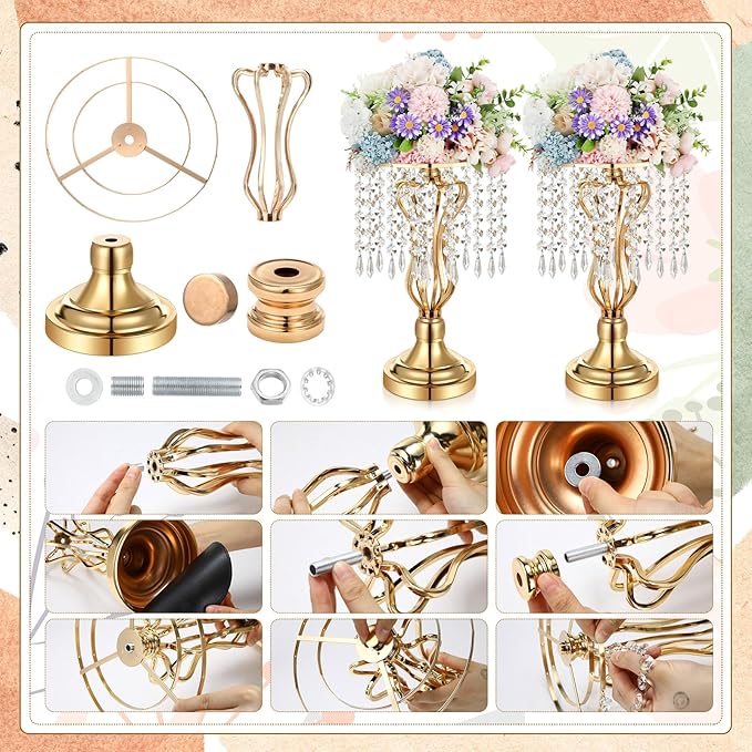 16 Pcs Wedding Centerpieces for Tables, Gold Silver Vase Centerpiece with Chandelier Crystal Metal Flower Stand, Tall Flower Vases for Wedding Party Home Decoration(Gold,12.6)