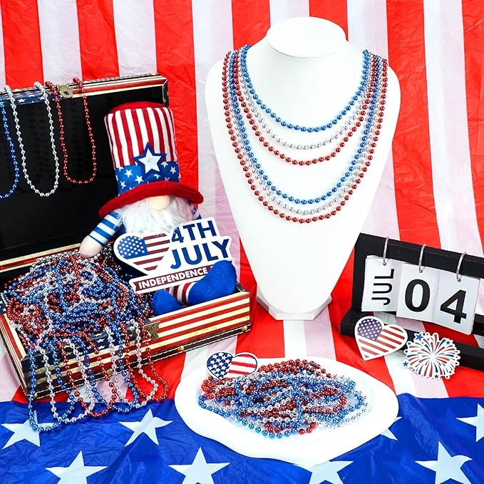 SHAOQINLIN 30 PCS Silver Mardi Gras Beads, 33" Silver Christmas Necklace, Metallic Patriotic Beads Necklaces, Parade Throws Accessories for Christmas Independence Day New Year Party Favors