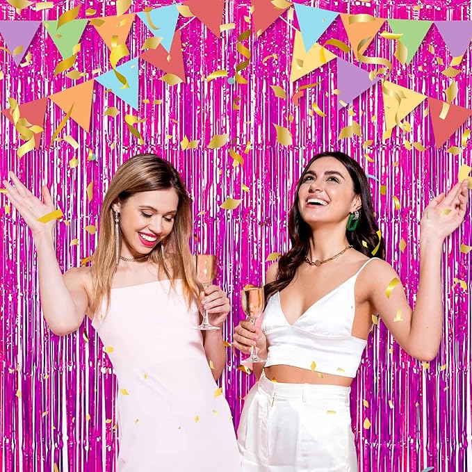 6 Pack Fuchsia Foil Fringe Curtains Backdrop, 3.28 x 9.8 Ft Metallic Streamers Tinsel Curtains Background for Photo Booth, Birthday, Halloween, Christmas, Thanksgiving, New Year Party Decorations