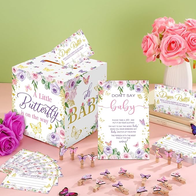 102 Pcs Butterfly Baby Shower Game Supplies Diaper Raffle Tickets with Diaper Raffle Card Box Don't Say Baby Sign Mini Butterfly Clothespin Game Decor for Gender Reveal Favor