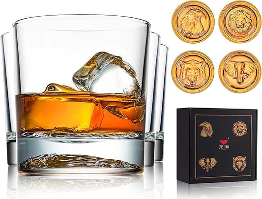 JBHO Premium Whiskey Glasses with Different Animals On Heavy Base, 10 Oz Double Old Fashioned Glasses Set of 4, Lowball Rocks Glasses with Deluxe Gift Box for Men, Serving Bourbon, Scotch