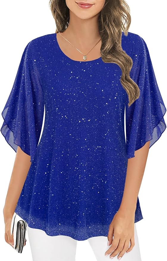 Ninedaily Women's Tops 3/4 Sleeve Blouses Dressy Casual Double Layers Mesh Tunic Shirts